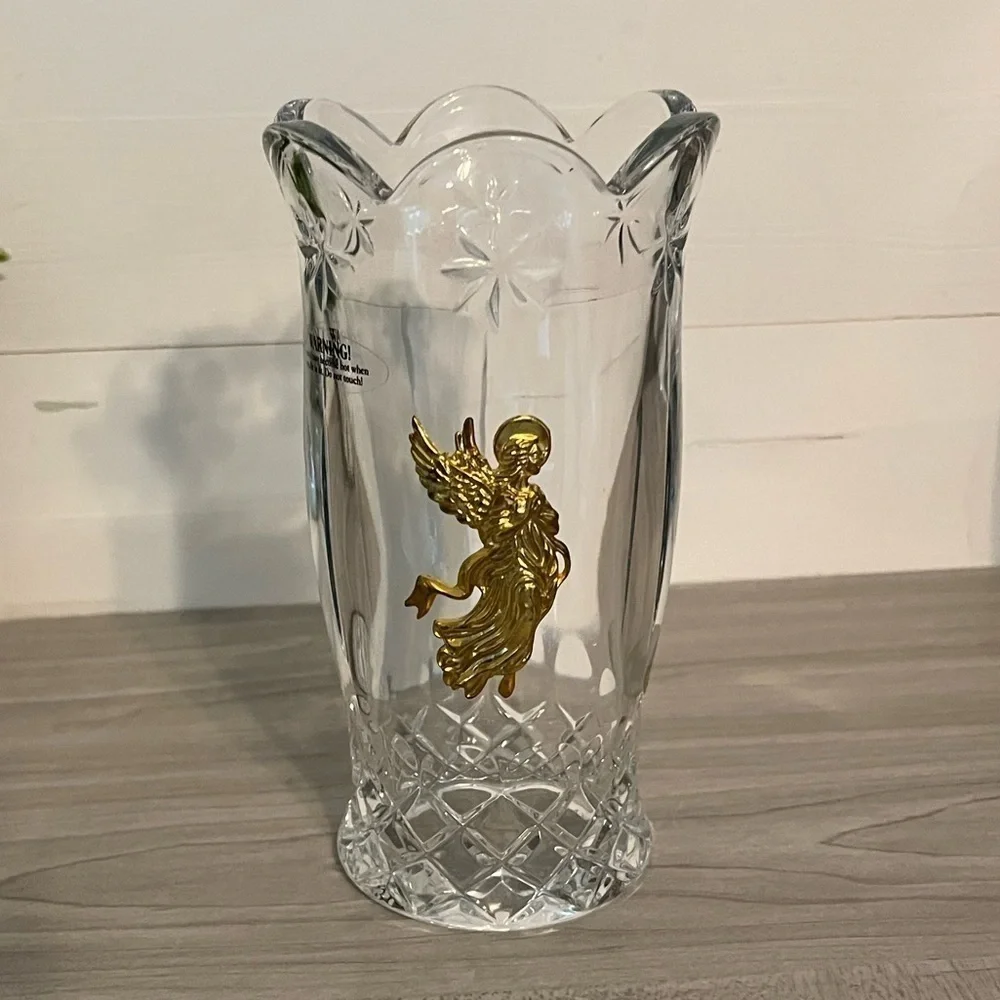 VTG Teleflora Heavy Bohemian Lead Crystal Hurricane Candle Holder Golden Angel